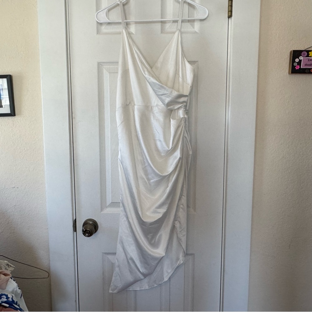 Satin Wrap Dress White Cream Ruched Slip Dress Asymmetrical‎ Hem Size M